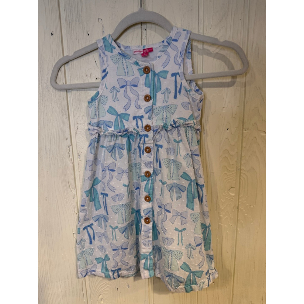 Penelope Mack Girls White Blue Bow Print Dress Small
